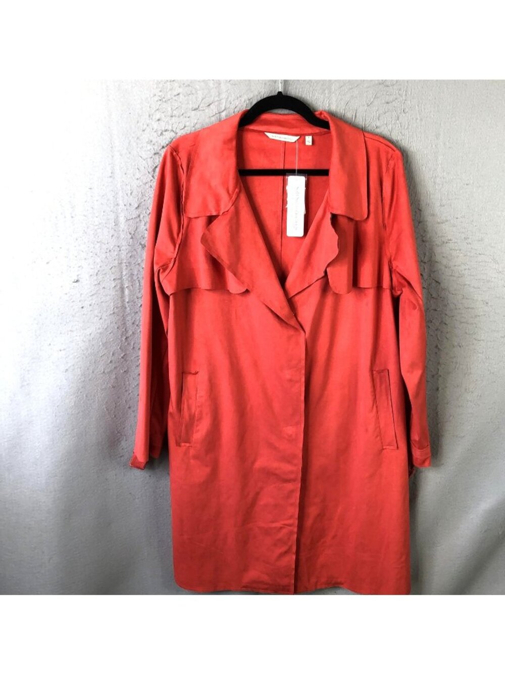 Soft Surroundings Coat Womens L Coral Mirabello Trench Ruffle Long Snap Front